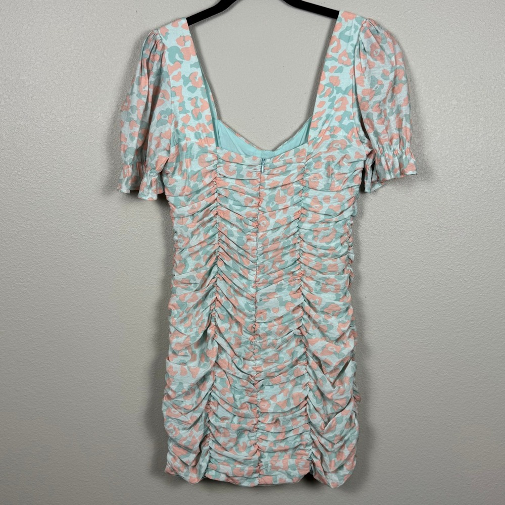 Runaway The Label Ruched Mini Dress Puff Sleeve Sweetheart Leopard Print US 6 - Picture 5 of 8